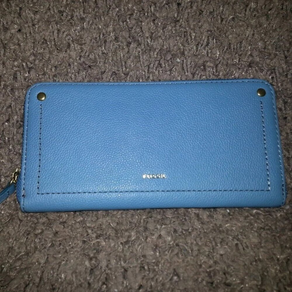 FOSSIL-TORI-Zip Clutch-Wallet-Caribbean Blue-New with Tag
